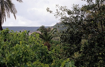 Blick durch einen Garten auf die Stadt - Bosa