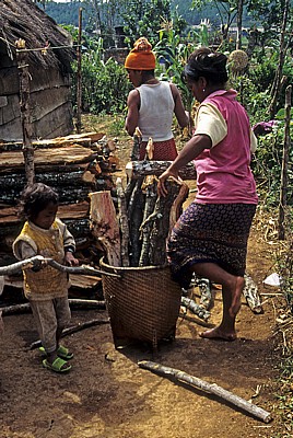 Hühnerdorf (Chicken Village, Koho-Siedlung): Frau mit Feuerholz - Da Lat