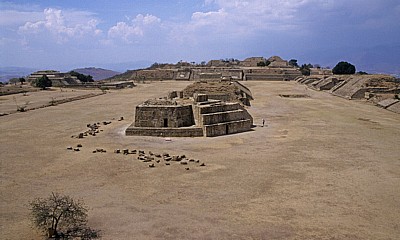 Blick von der Plataforma Sur (Südplattform): Gran Plaza - Monte Albán