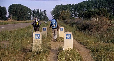 Jakobsweg (Camino Francés): Pilger auf der „Pilgerautobahn“ zwischen Frómista und Población de Campos - Castilla y León
