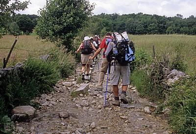 Jakobsweg (Camino Francés): Corredoira (Trampelpfad) - Pilger folgen einem Bachlauf - Galicia