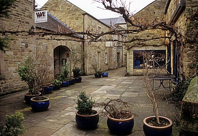 Water Street: Blaue Pflanzkübel in einem Hinterhof - Bakewell