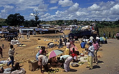 Busfahrt Blantyre - Harare: Tete-Korridor - Informeller Sektor: Verkaufsstände am Straßenrand - Provinz Tete